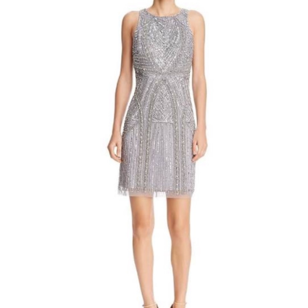 Aidan Mattox Sleeveless Short Dress Silver Beaded